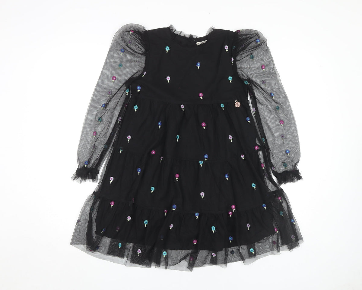 Angel & Rocket Girls Black Puff Sleeve Dress Embroidered 9 Years