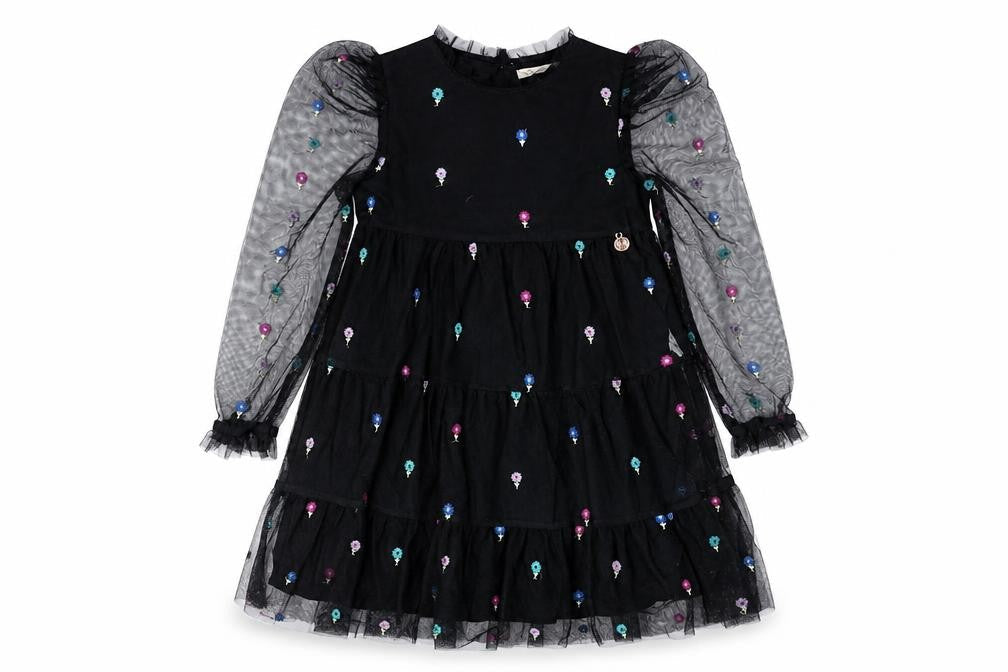 Angel & Rocket Girls Black Puff Sleeve Dress Embroidered 9 Years