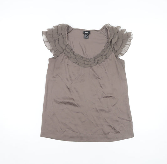 H&M Women’s Brown Ruffle Blouse, Size 6, Casual Top