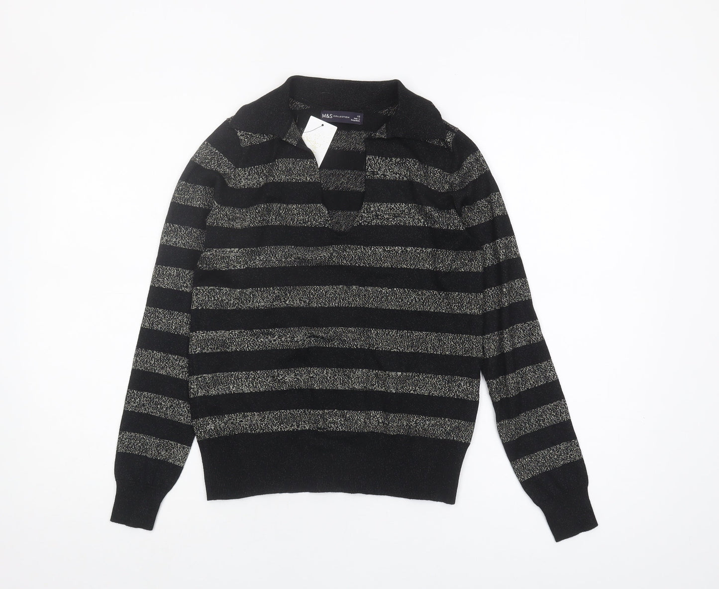 Marks and Spencer Women's Black Striped Collared Pullover XS