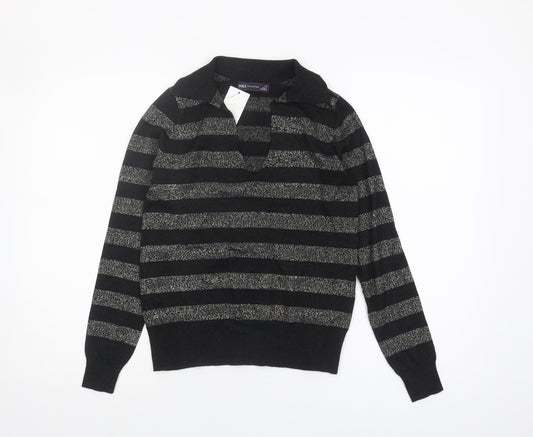 Marks and Spencer Women's Black Striped Collared Pullover XS