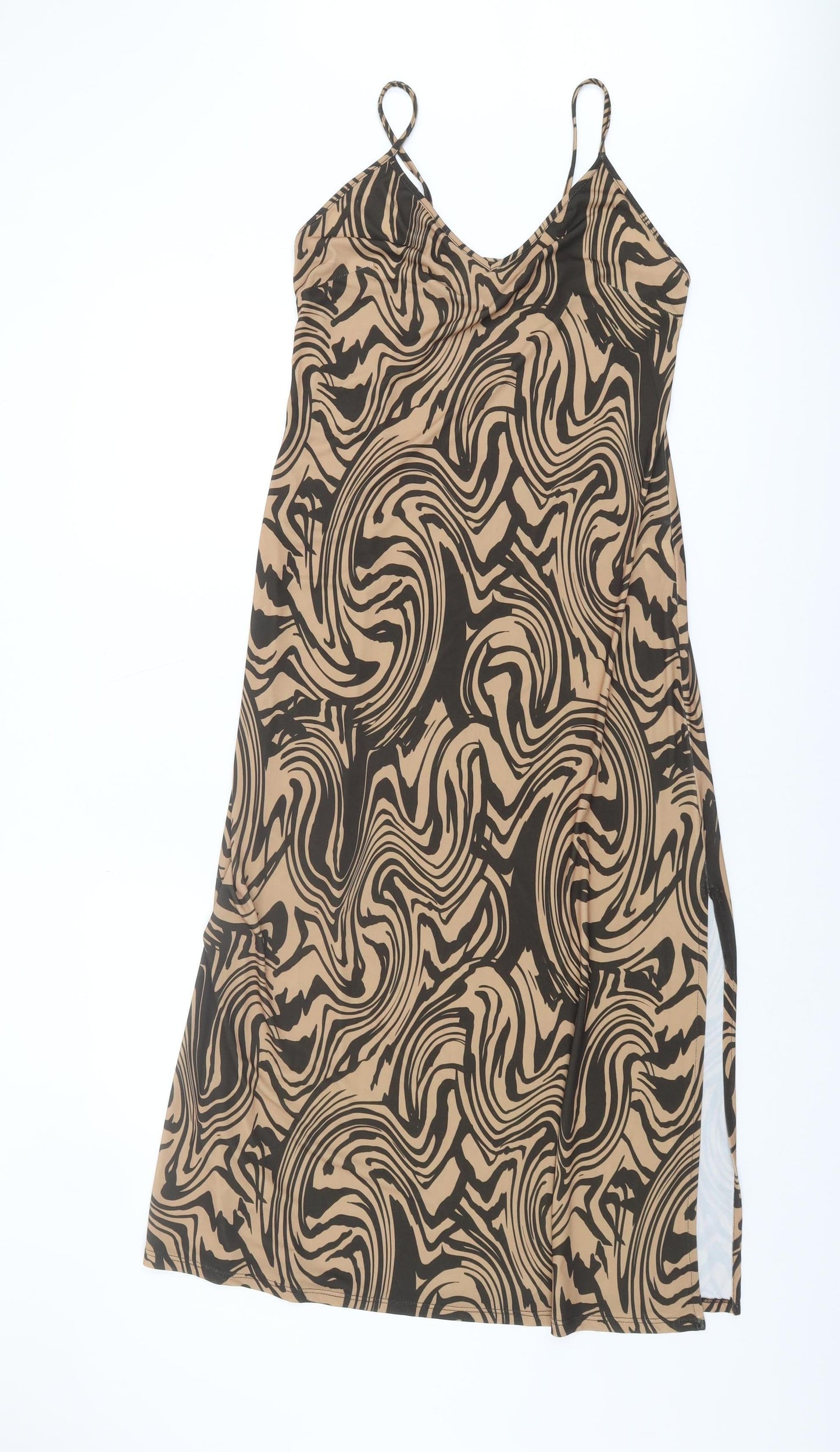 Stradivarius Women's Brown Slip Dress, Size 12 - V-Neck Geometric