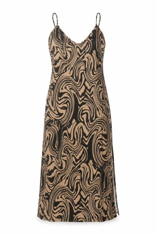 Stradivarius Women's Brown Slip Dress, Size 12 - V-Neck Geometric