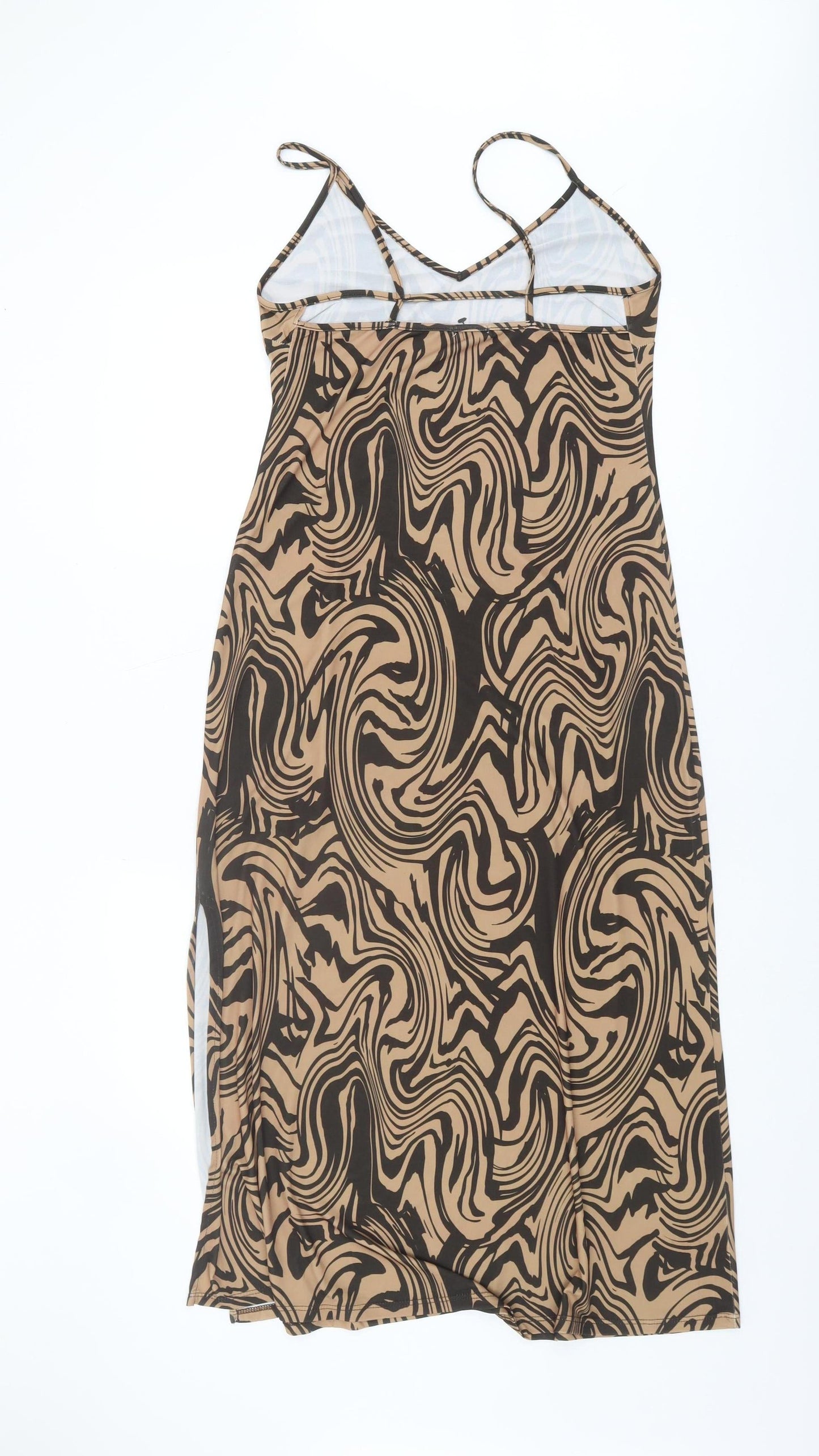 Stradivarius Women's Brown Slip Dress, Size 12 - V-Neck Geometric