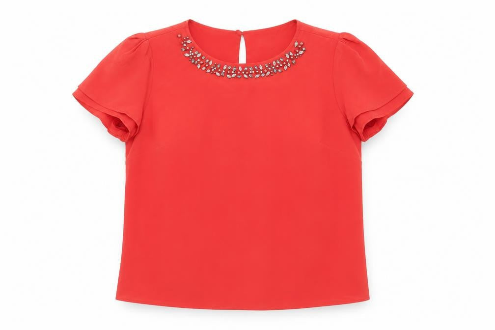 Country Casuals Women's Red Beaded Short Sleeve Silk Top, Size 12
