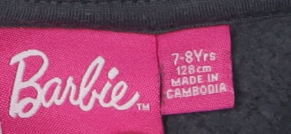 Close-up detail of Barbie girls’ black pullover sweatshirt 7-8 years logo print