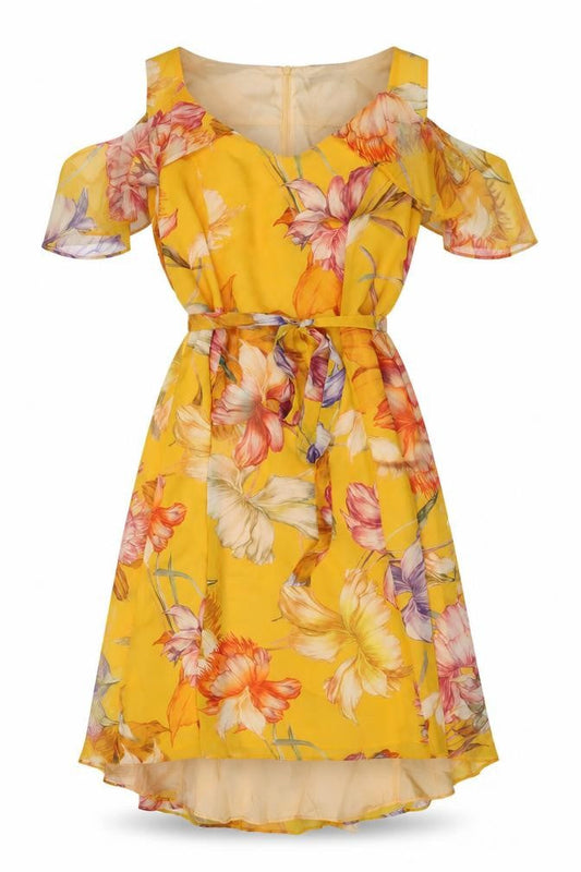 Front view of Roman Women's Yellow Floral A-Line Hi-Low Dress