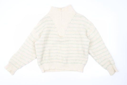 MNG Women's Beige Chunky-Knit High Neck Jumper Size M