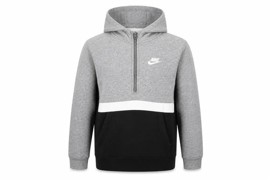Front view of Nike boys’ grey black pullover hoodie l with zip pocket