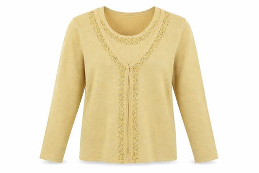 Damart Women's Gold Beaded Cardigan L V-Neck Party