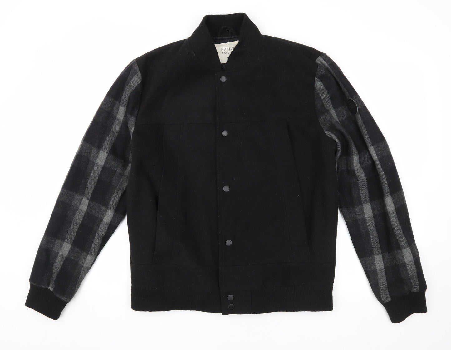 Native Youth Men's Black Varsity Jacket, Size L, Checked Sleeves