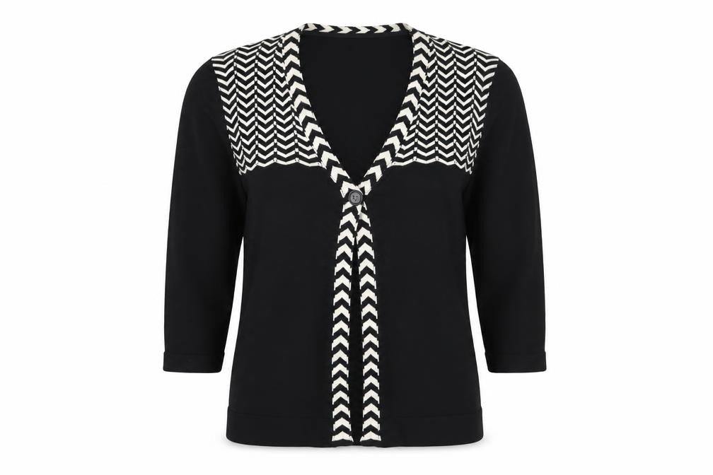 Country Casuals Women's Black Geometric 3/4 Sleeve Cardigan M