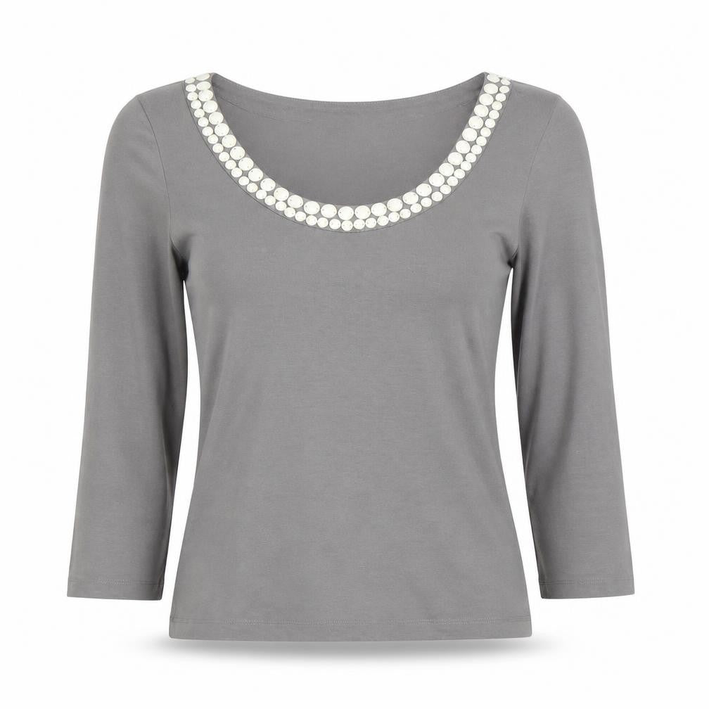 LK Bennett Grey Women's Top S, Beaded Scoop Neck, 3/4 Sleeve
