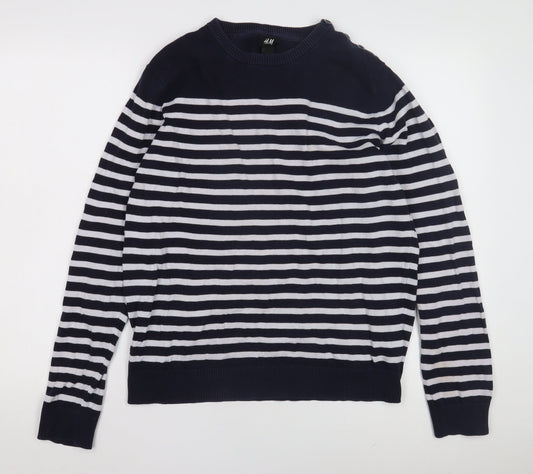H&M Women's Blue Striped Cotton Pullover Jumper M