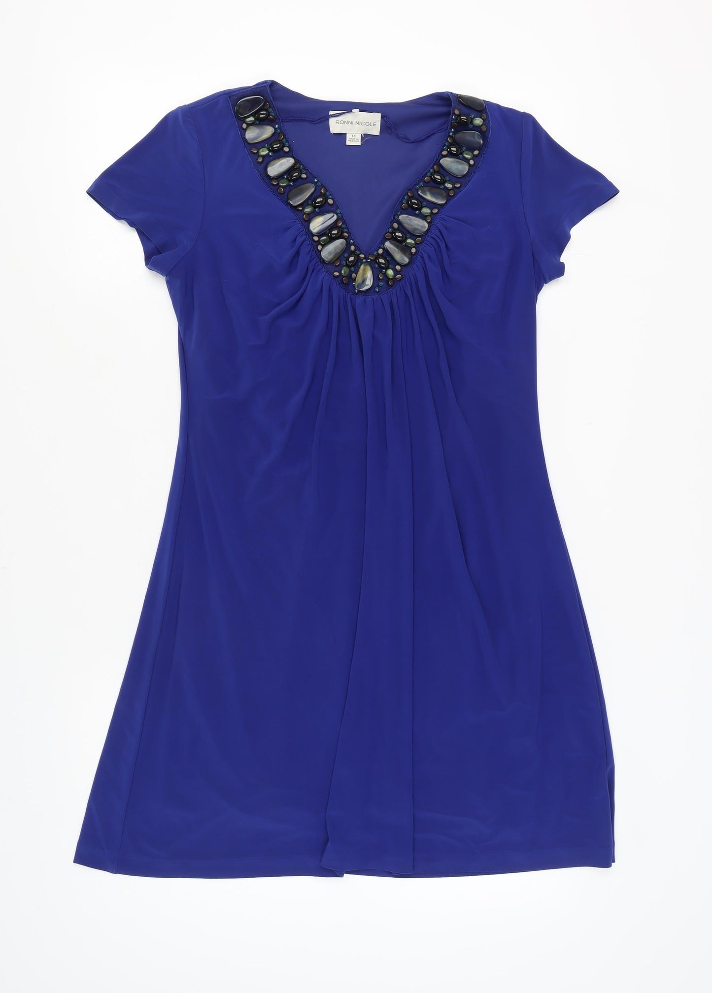Ronni Nicole Women's Blue Beaded V-Neck Dress Size 14
