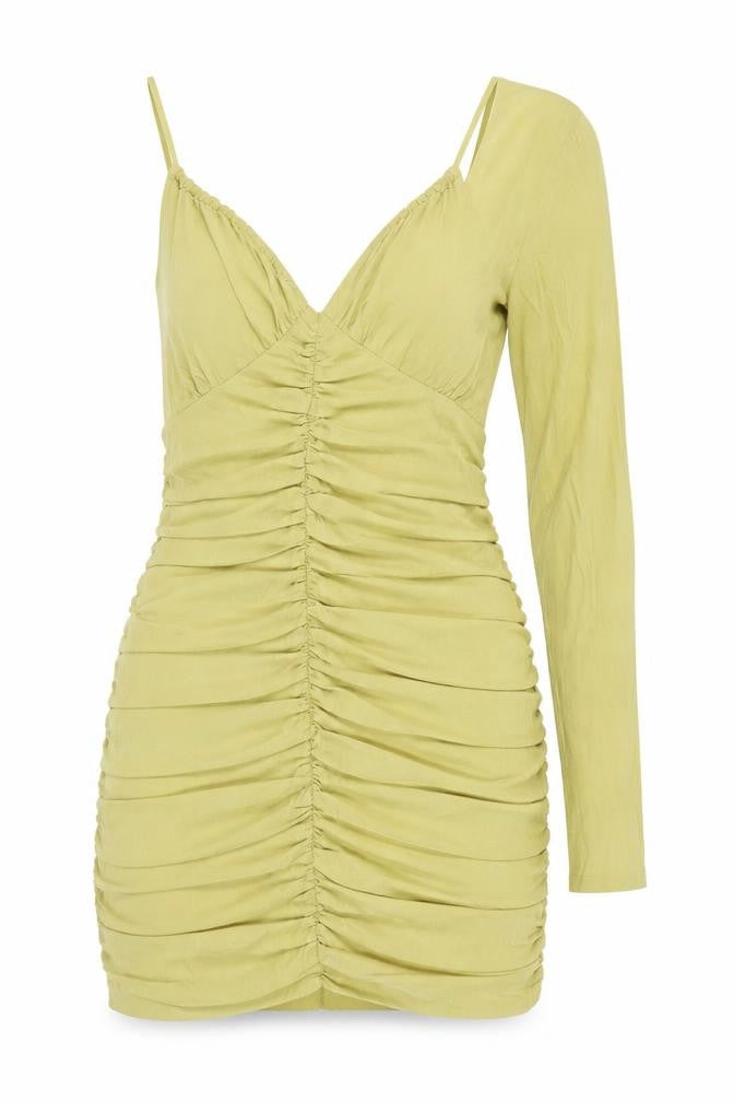 Zara Women's Green Bodycon Single Sleeve Dress, Size S, V-Neck, Ruched