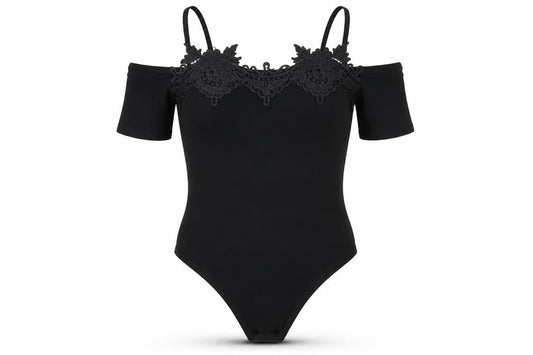 Front view of Miss Selfridge Women's Black Lace Bodysuit, size 8, Petite