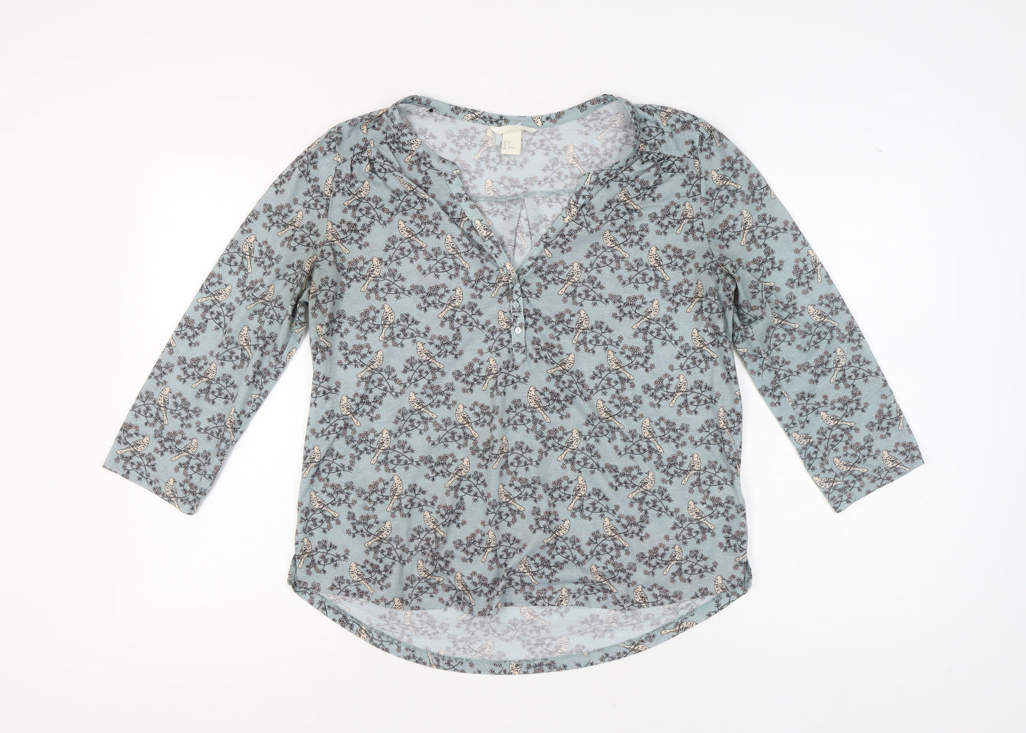 H&M Women's Blue Nature Print Blouse, Size 12, V-Neck