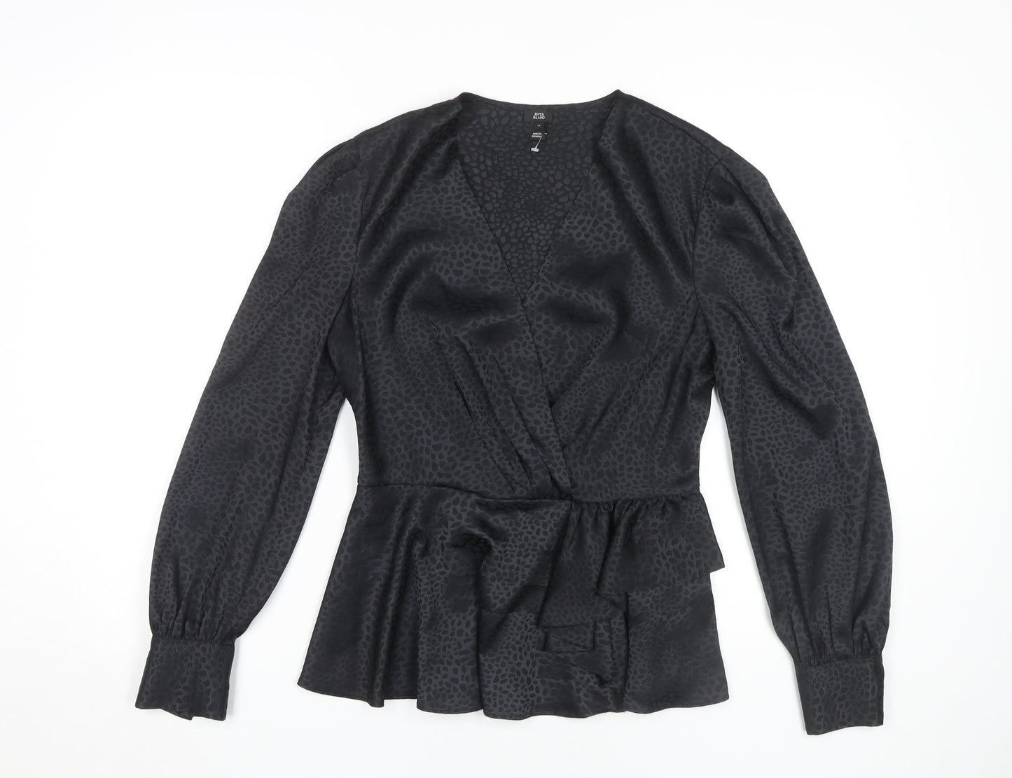 River Island Black Animal Print Wrap Blouse Size 12