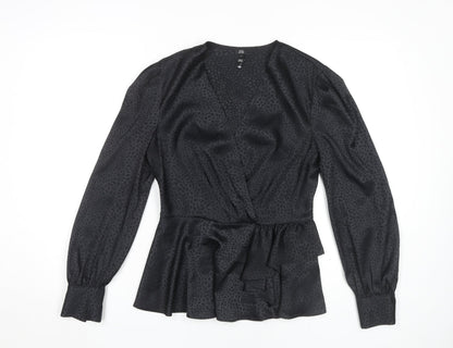 Additional front view of River Island Black Animal Print Wrap Blouse, size 12