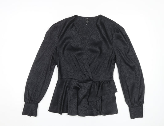 River Island Black Animal Print Wrap Blouse Size 12