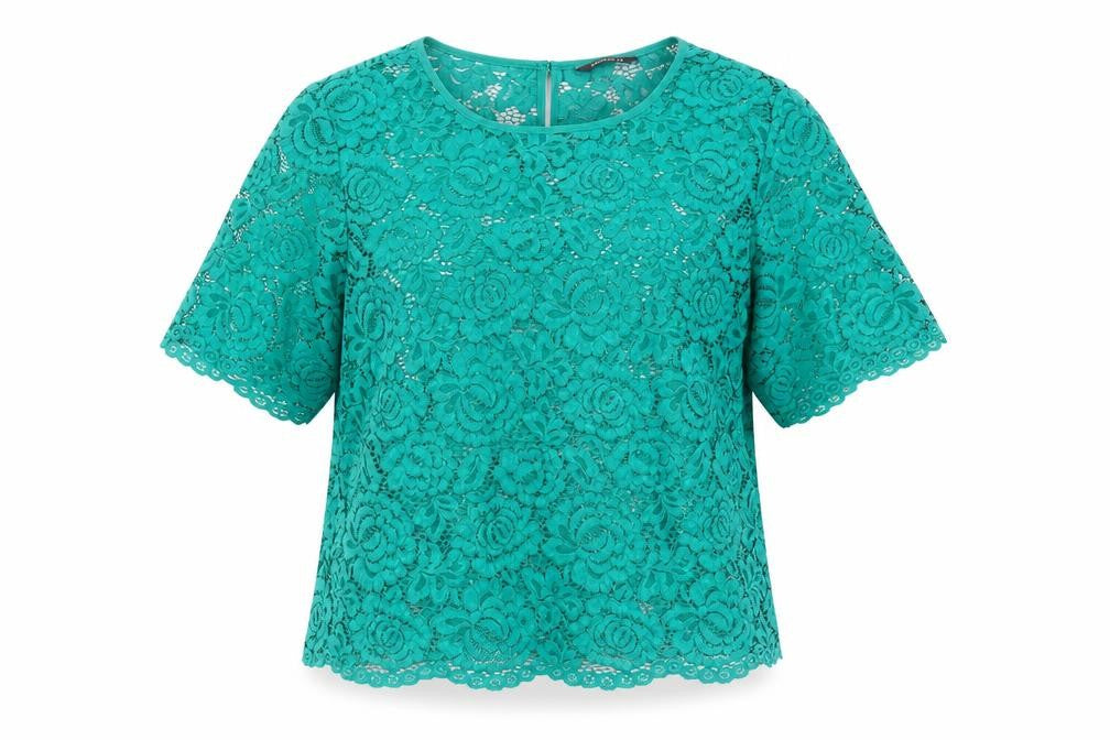 Roman Women's Green Cropped Lace Blouse, Size 14