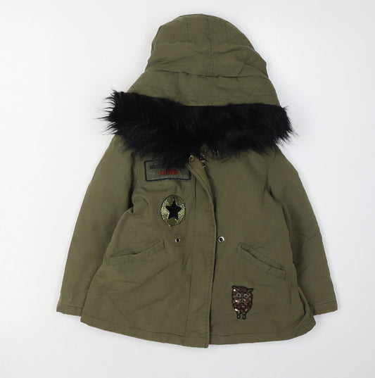 Zara Girls Green Parka Coat, Size 4 Years, Hooded, Lined