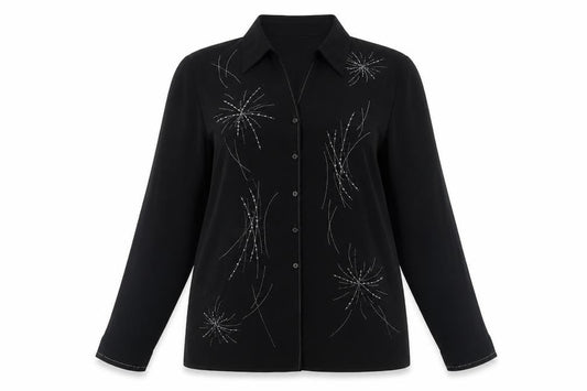 Marks and Spencer Women's Black Sequin Button-Up Shirt - Size 14