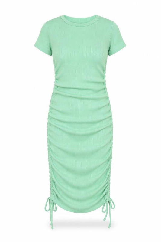 Bershka Women's Green Ruched Short Sleeve Dress