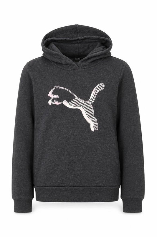 Front view of Puma girls’ black logo hoodie, 12-13 years, pullover style