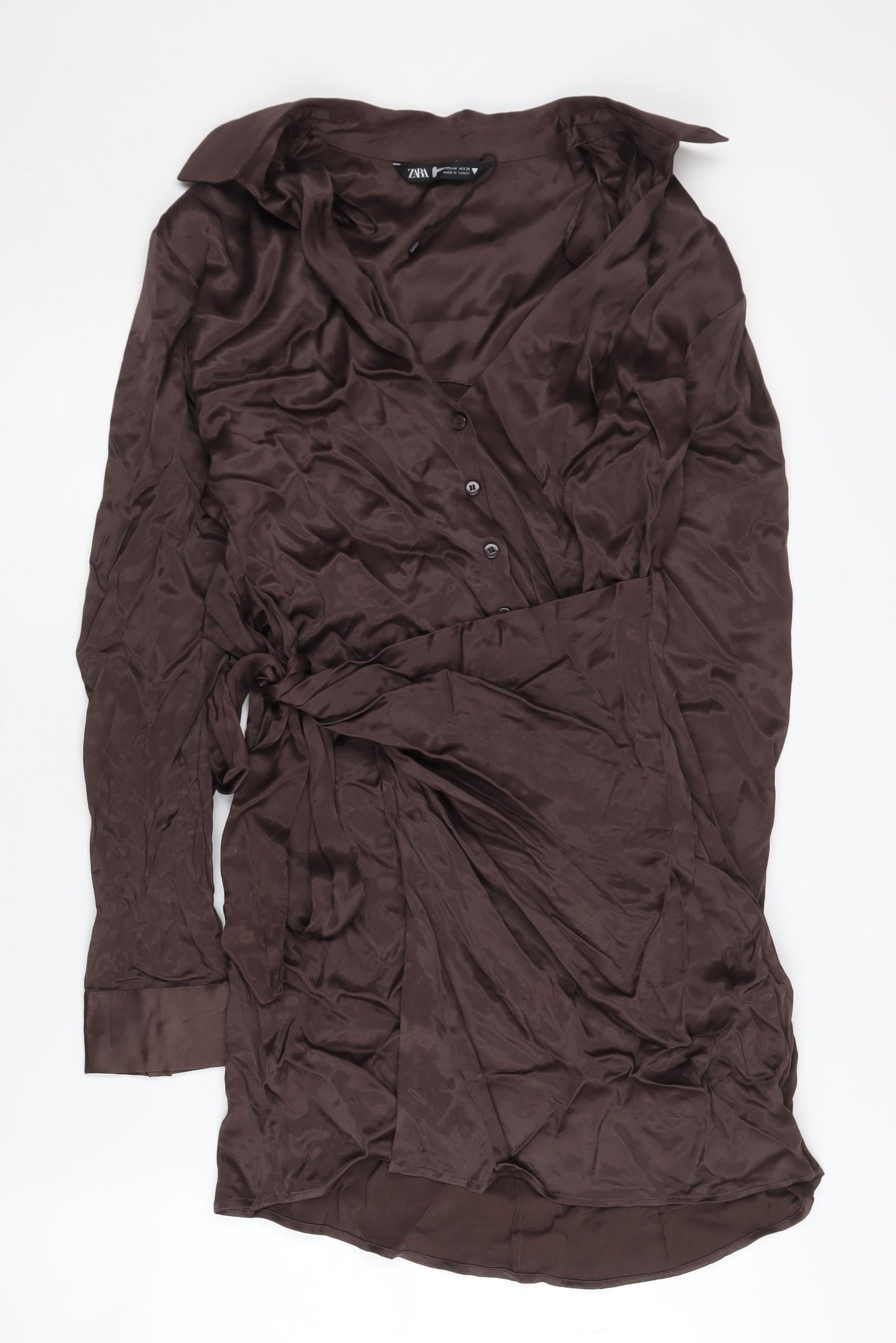 Zara Women's Brown V-Neck Long Sleeve Dress Size 8