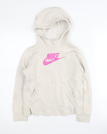 Additional front view of Nike girls’ beige pullover hoodie with pink logo, size S