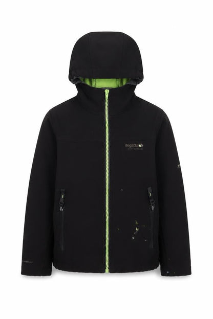 Front view of Regatta boys’ black softshell jacket, 7-8 years, hooded, casual