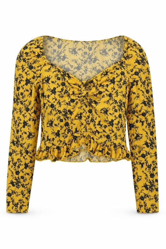 Free People Women's Yellow Floral Cropped Blouse Size 8