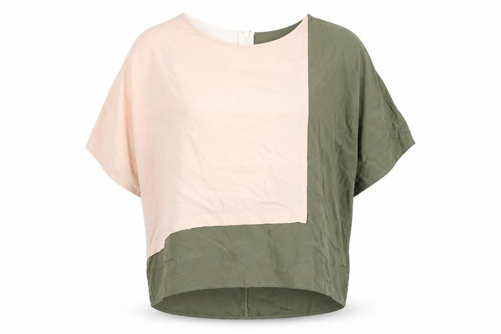 Topshop Women's Green Beige Colourblock Blouse, Size 8