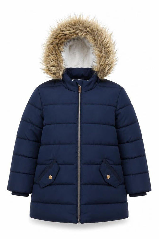 Front view of John Lewis girls’ blue puffer jacket 6 years
