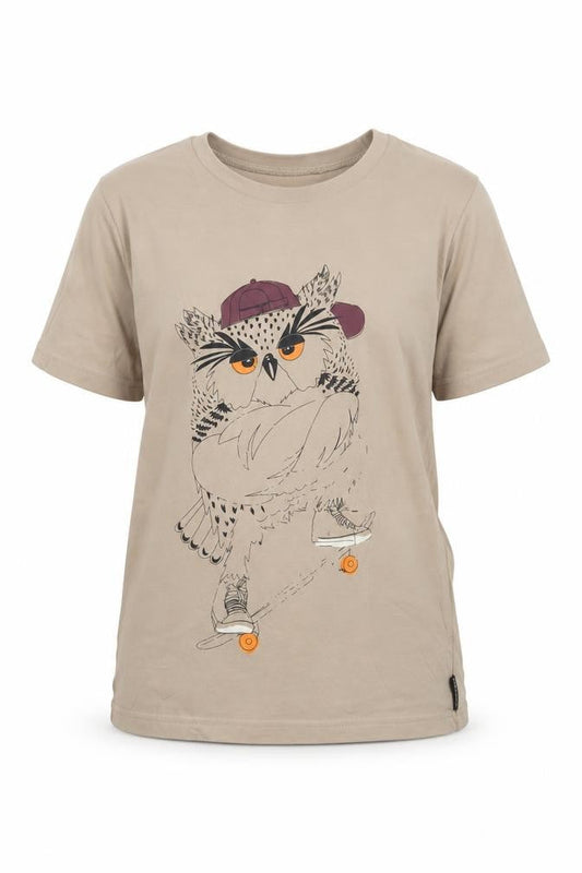 Front view of Polarn O. Pyret girls’ beige owl graphic t-shirt, size 8-9