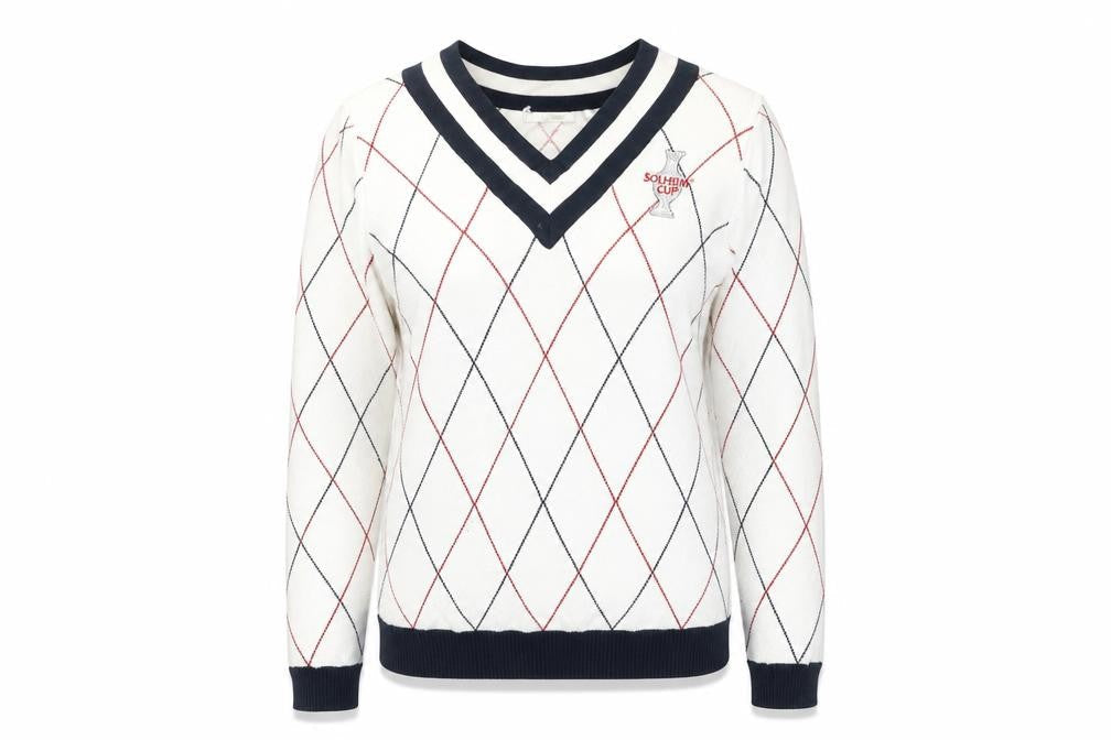Lizgolf Women's Ivory V-Neck Argyle Pullover Jumper M