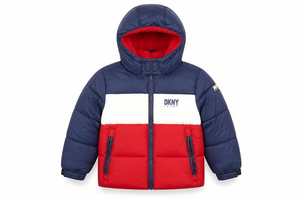 DKNY Boys' Colourblock Puffer Jacket, Hooded, Size 4 Plus