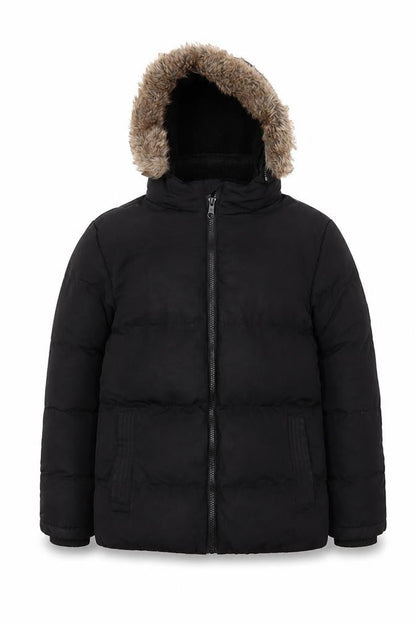 Front view of SoulCal boys’ black puffer jacket 13 years hooded