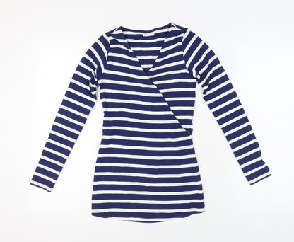 Additional front view of ASOS Women's Blue Striped V-Neck Blouse, size 6