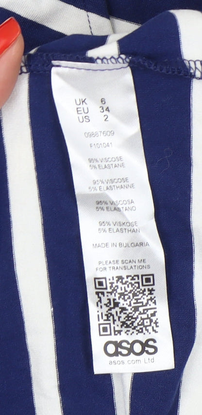 Close-up detail of ASOS Women's Blue Striped V-Neck Blouse, size 6