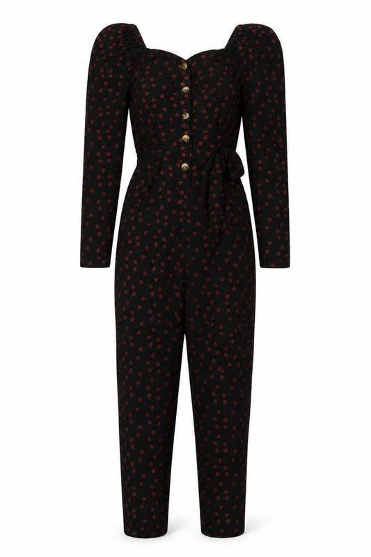Front view of ASOS Women's Black Polka Dot Jumpsuit, size 6, Long Sleeve