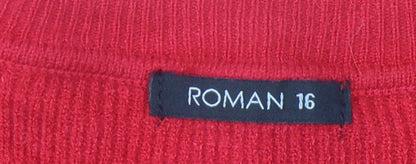 Close-up detail of Roman Women's Red V-Neck jumper, size 16