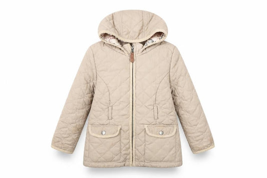 Front view of Jasper Conran girls’ beige quilted hooded coat, size 4-5