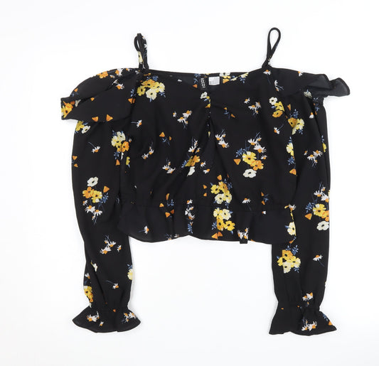 H&M Women's Black Floral Cropped Blouse - Size 12