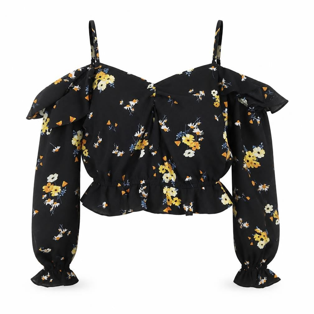 H&M Women's Black Floral Cropped Blouse - Size 12
