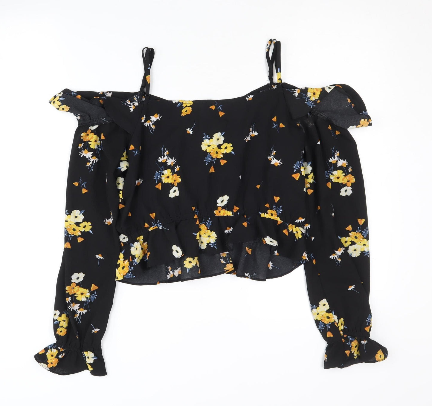 H&M Women's Black Floral Cropped Blouse - Size 12