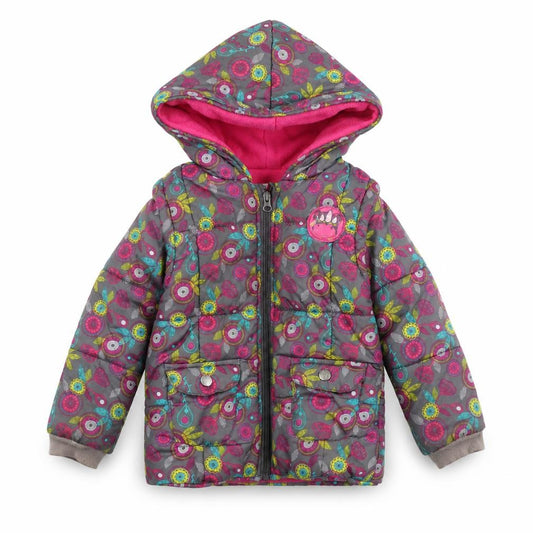 Front view of La Compagnie des Petits girls’' floral puffer jacket, 3 years