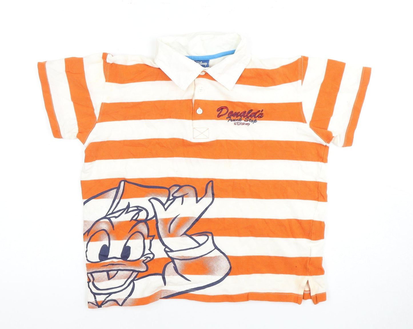 Disney Boys Orange Striped Polo with Donald Duck Design (Size 12)